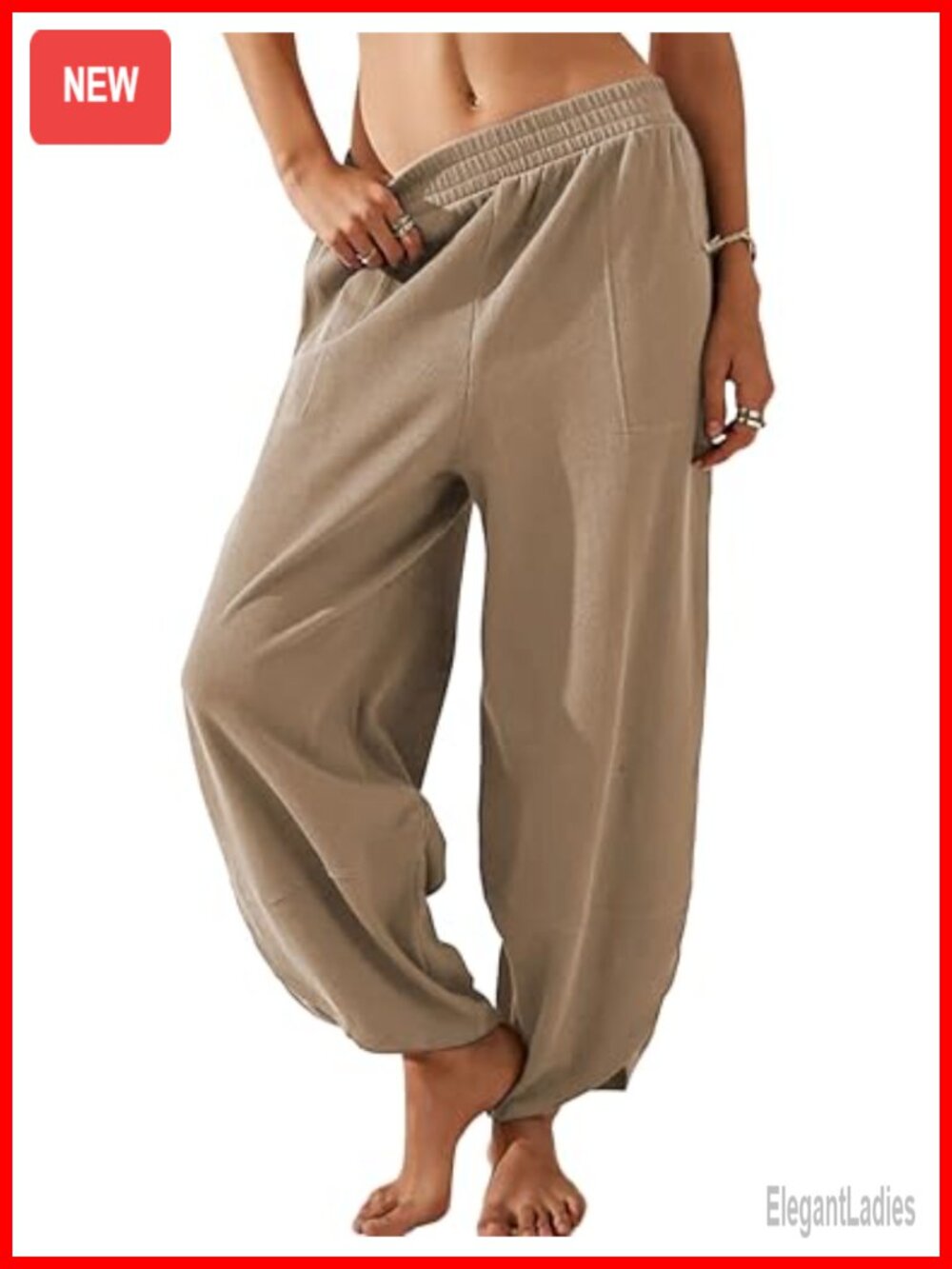 Baggy Wide Leg Palazzo Pants with Pockets Elastic Waisted Harem Pants Cotton